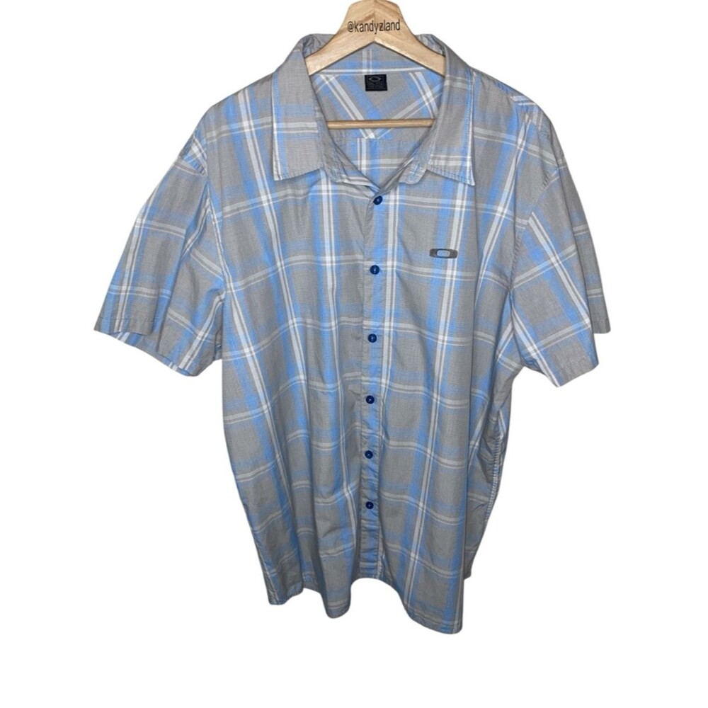OAKLEY Mens Short Sleeve Blue Gray Plaid Button Up